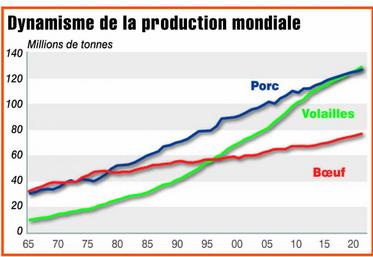 A l’échelle mondiale, les productions de porcs et de volailles sont en croissance, contrairement à la France.